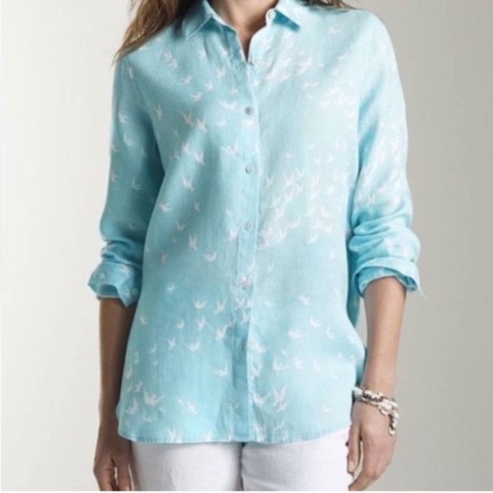 J Jill Teal Button-Up Shirt with Bird Print 100% Linen Size XL NEW